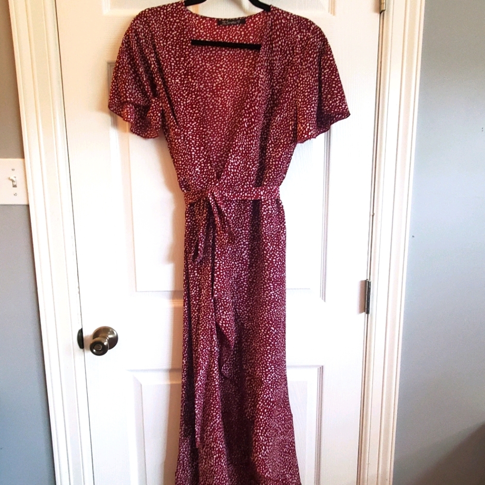Maroon Hi-low Ruffle Hem Wrap Dress